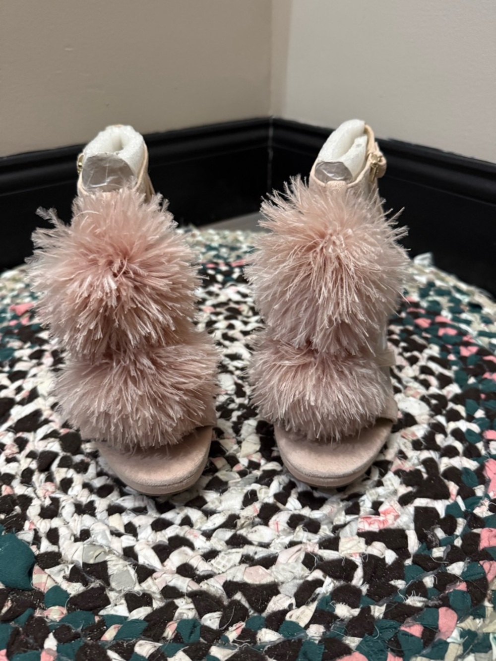 Michael Kors Faux-Fur Pom-Pom Peep-Toe Heels — Blush Pink